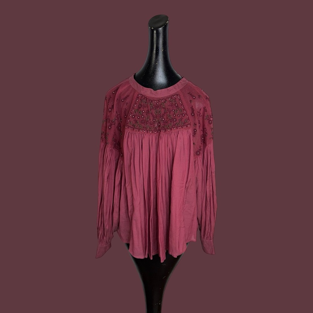 Free People Mesh Beaded Embroidered Balloon Sleeve
Tie Back Blouse. - Picture 6 of 16